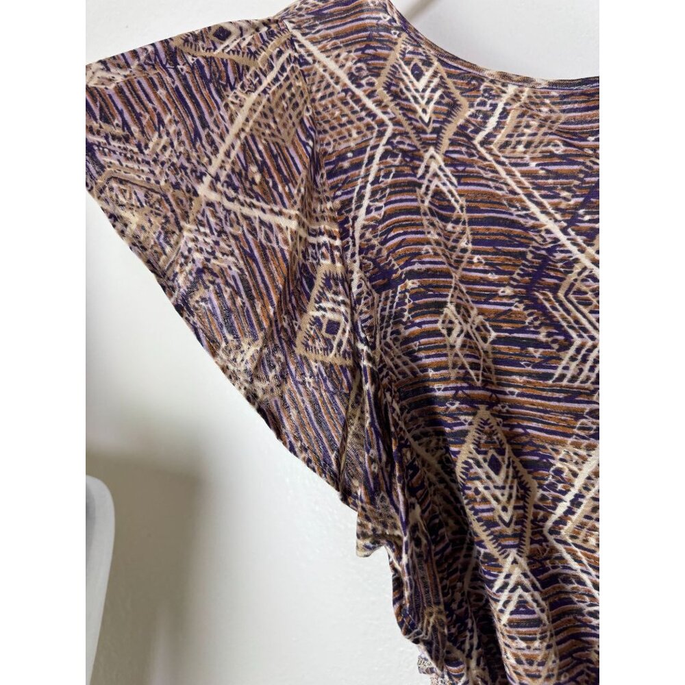 Lucky Brand Womens Geometric Short Sleeve Blouse Top Size Large Boho Peasant - Picture 9 of 11